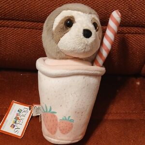 Douglas Sloth Plush in Strawberry Cup - White and Tan